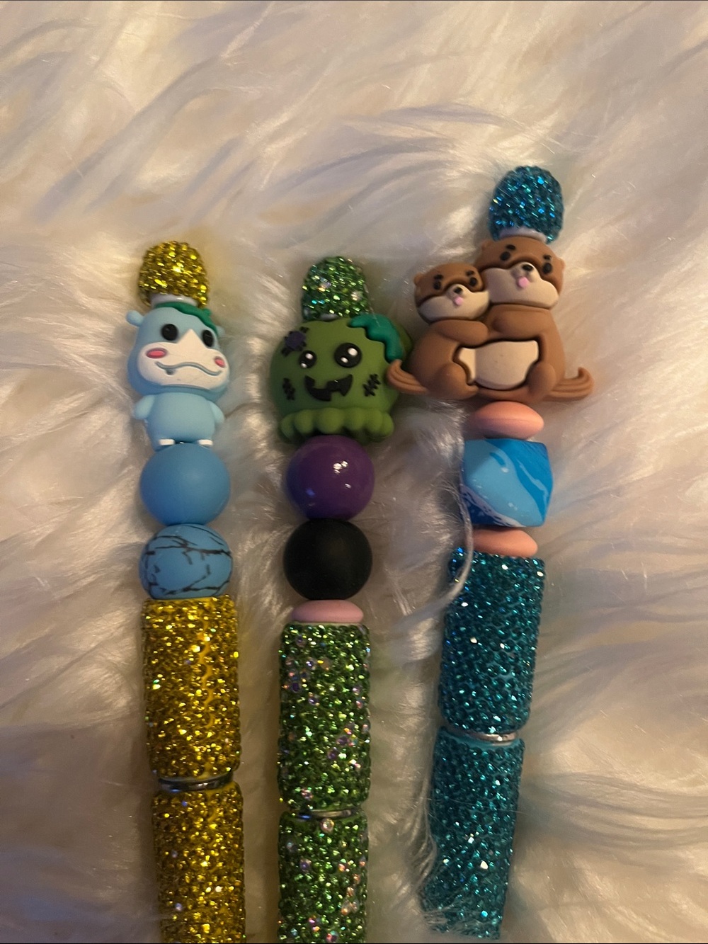 Sparkle Animal Beaded  — Blue, Green, Gold ink pen set